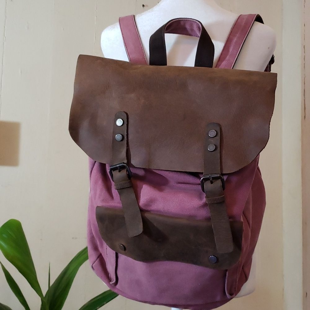 Leather & Pink Canvas Backpack Computer Book Bag